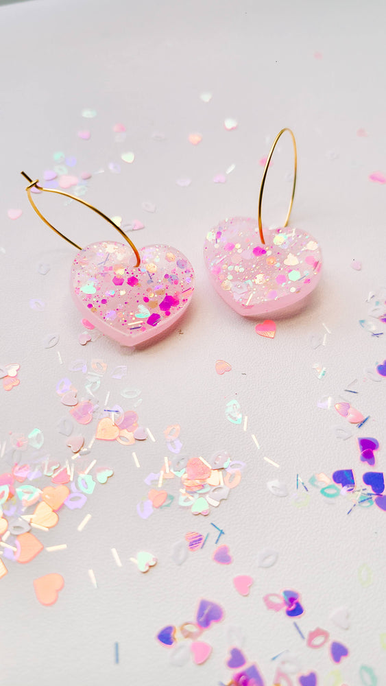 Pink Valentine's Glitter Petite Resin Heart Earrings