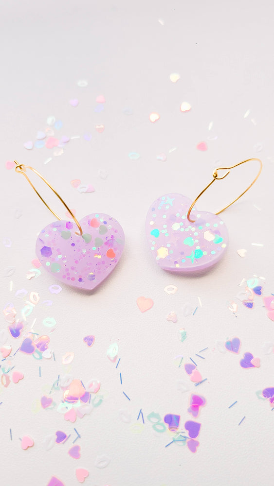 Purple Valentine's Glitter Petite Resin Heart Earrings