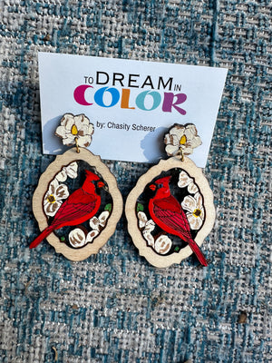 Wood Cardinal Magnolia Earring