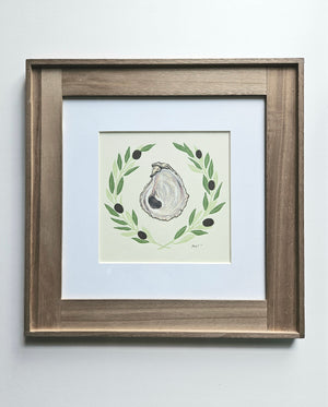Oyster in Olive Wreath - framed original block print collage