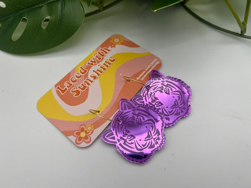 Large Purple Fighting Tigers Earrings