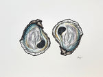 Pair of Oysters original block print + watercolor