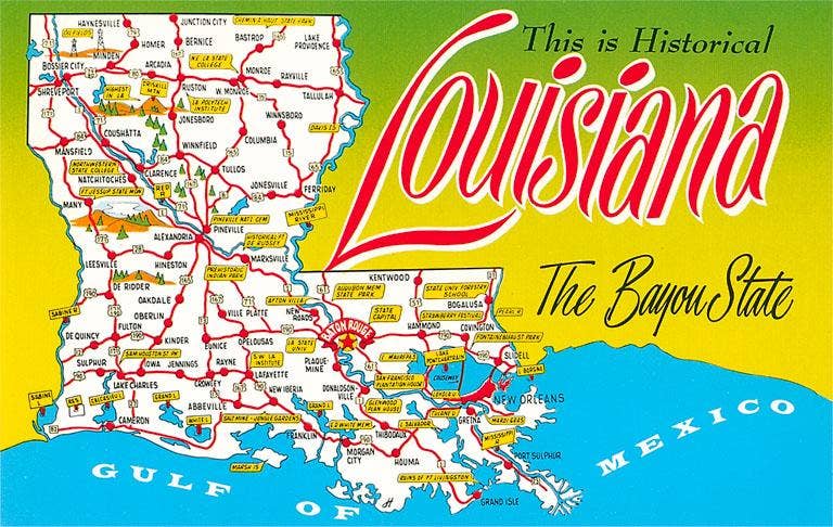 Louisiana Vintage Map Postcard