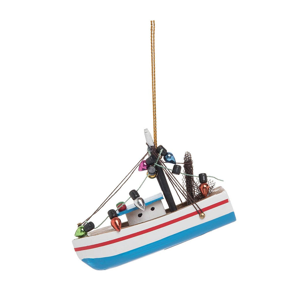 Christmas Holiday Fishing Boat Wood Ornament
