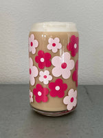 Pink Flower 16 oz Can Glass