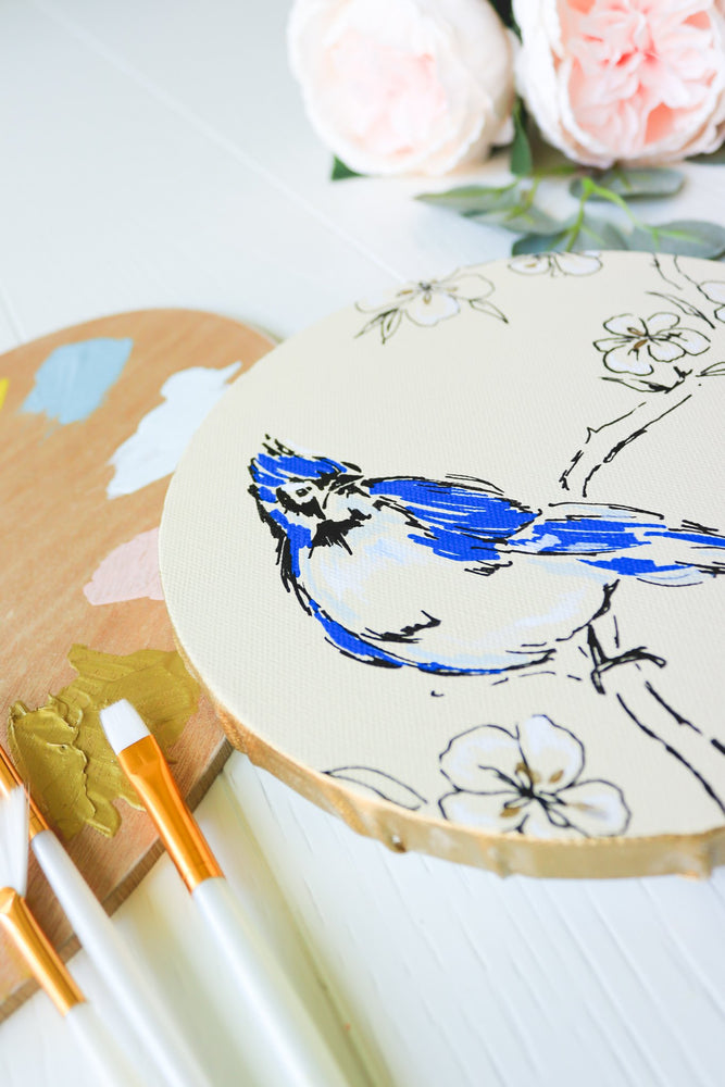 Blue Jay & Blossoms Flutter 8x8 Round Canvas Yellow