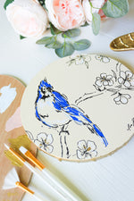 Blue Jay & Blossoms Flutter 8x8 Round Canvas Yellow