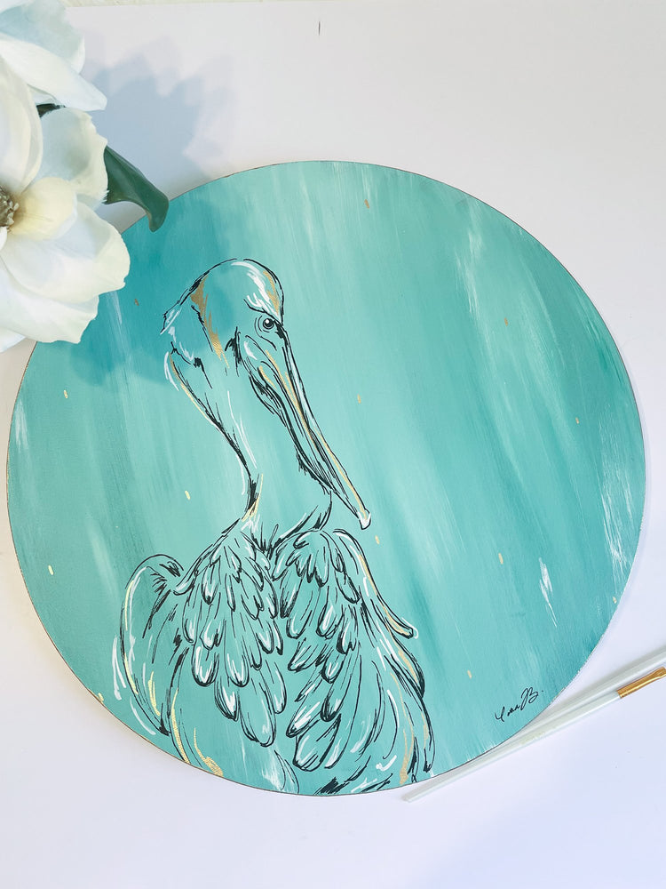 Teal Pelican Flutter 16x16 Round Canvas