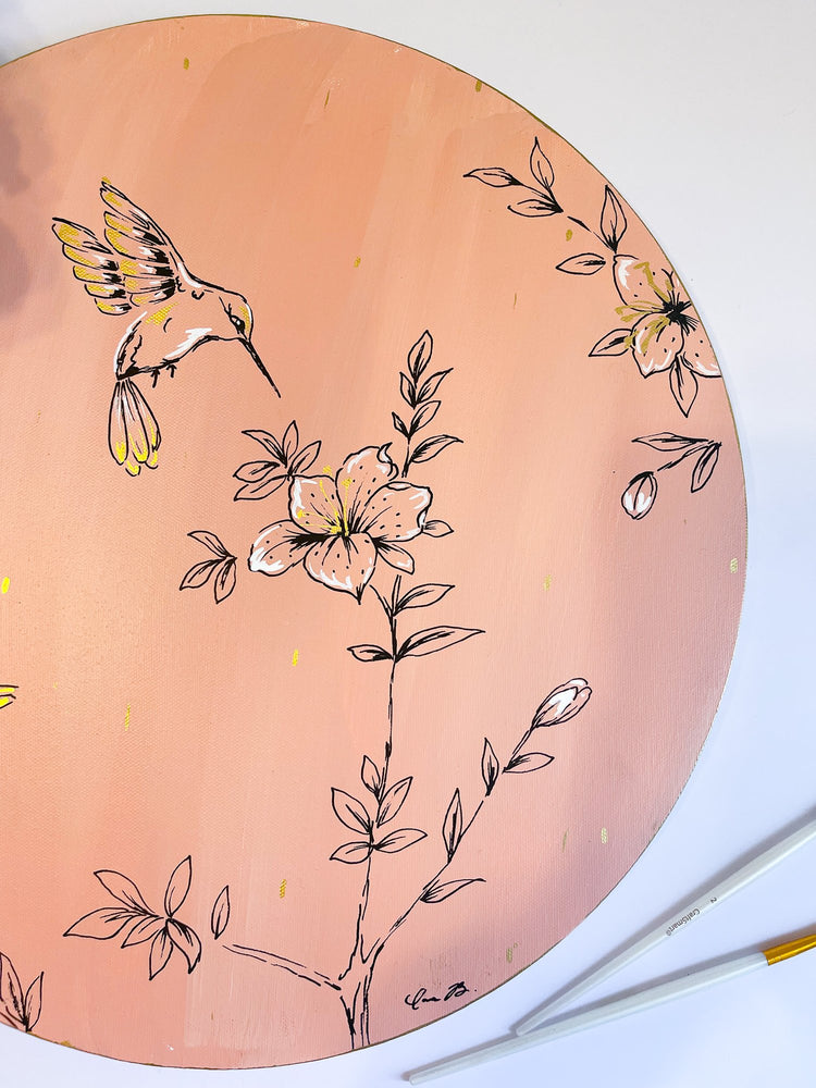 Peach Hummingbird Flutter 16x16 Round Canvas