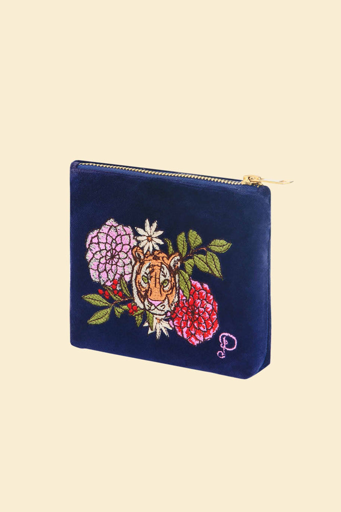
            
                Load image into Gallery viewer, Velvet Mini Pouch - Floral Tiger Face in Indigo
            
        