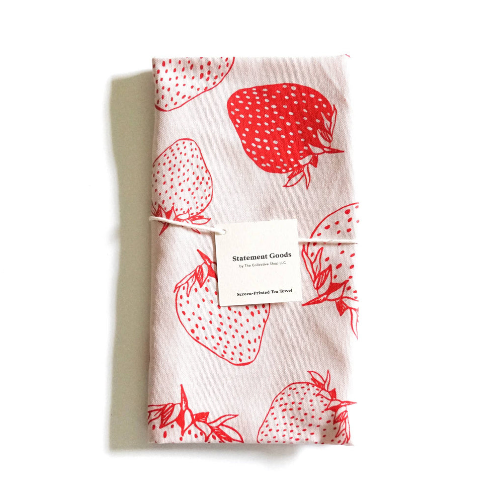 Red Strawberries Pink Tea Towel